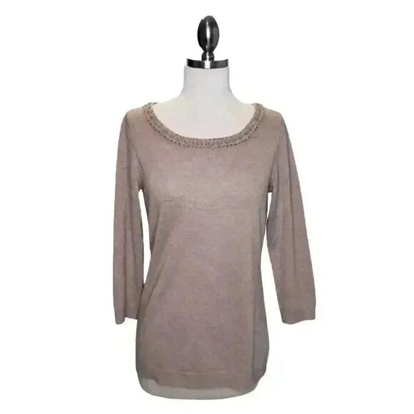 Banana Republic Women's Oatmeal Heather Poly/Wool Beaded Scoop Neck Sweater - Picture 1 of 9
